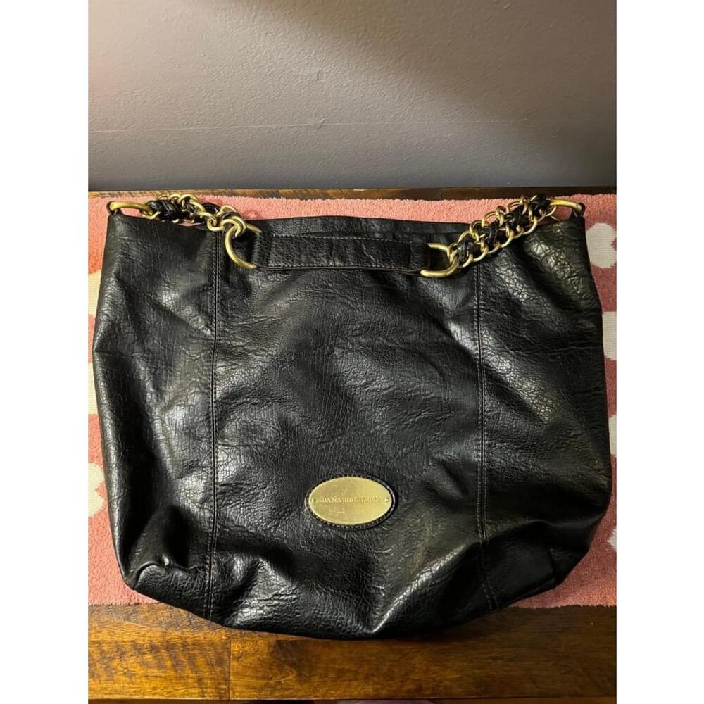 Dana Buchman Black Faux Leather Tote Purse with Gold Chain Strap